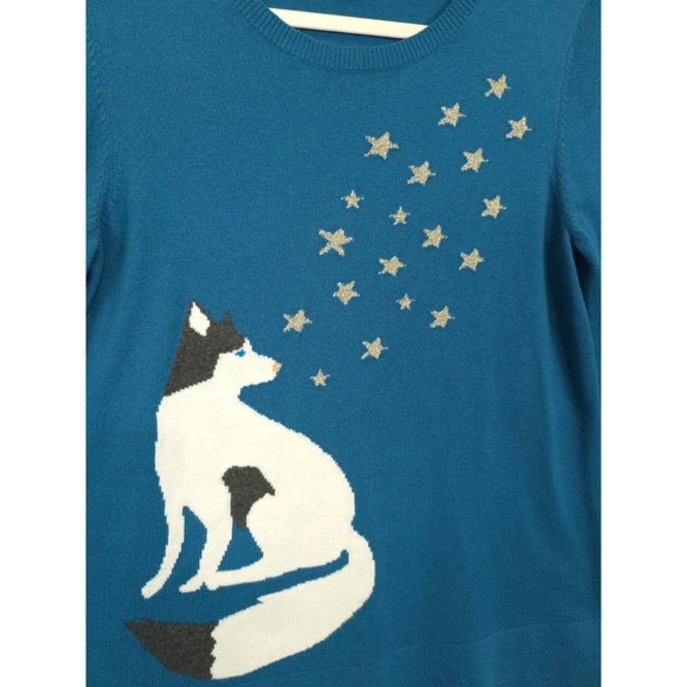 LOFT Sweater Women M Blue Knit Pullover Huskey Dog Stars Graphic Whimsical Cozy - Picture 12 of 12